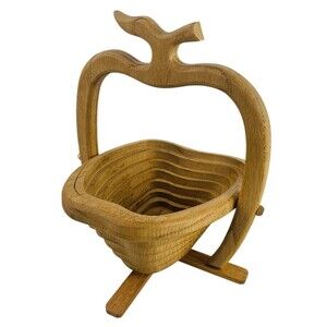 Vtg Hand Crafted Collapsible Folding Apple Shaped Natural Wood basket With Stand